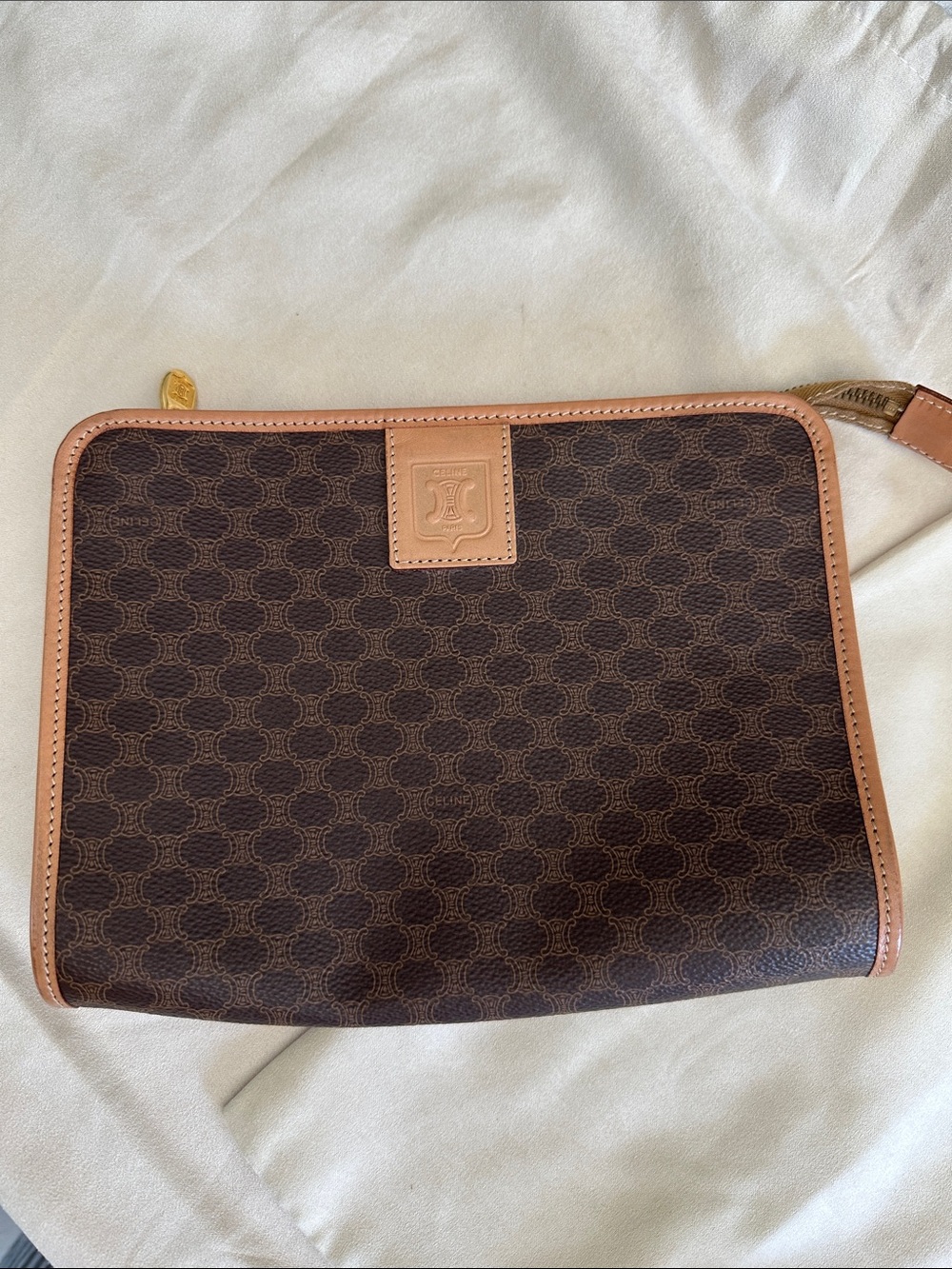Celine brown macadam pouch cosmetic makeup bag vintage authentic w/ CoA